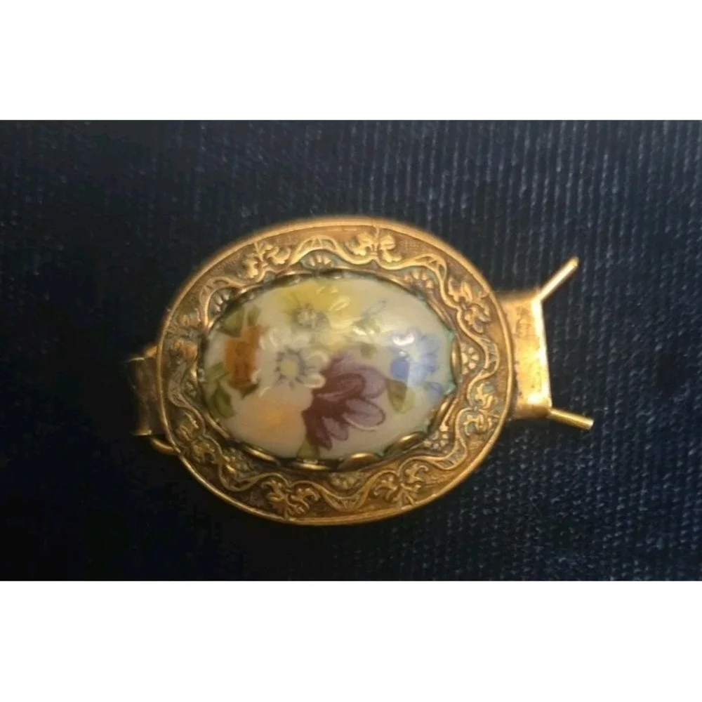 Pair Vintage Floral Porcelain Hair Clips Colorful Flowers Oval Goldtone Setting